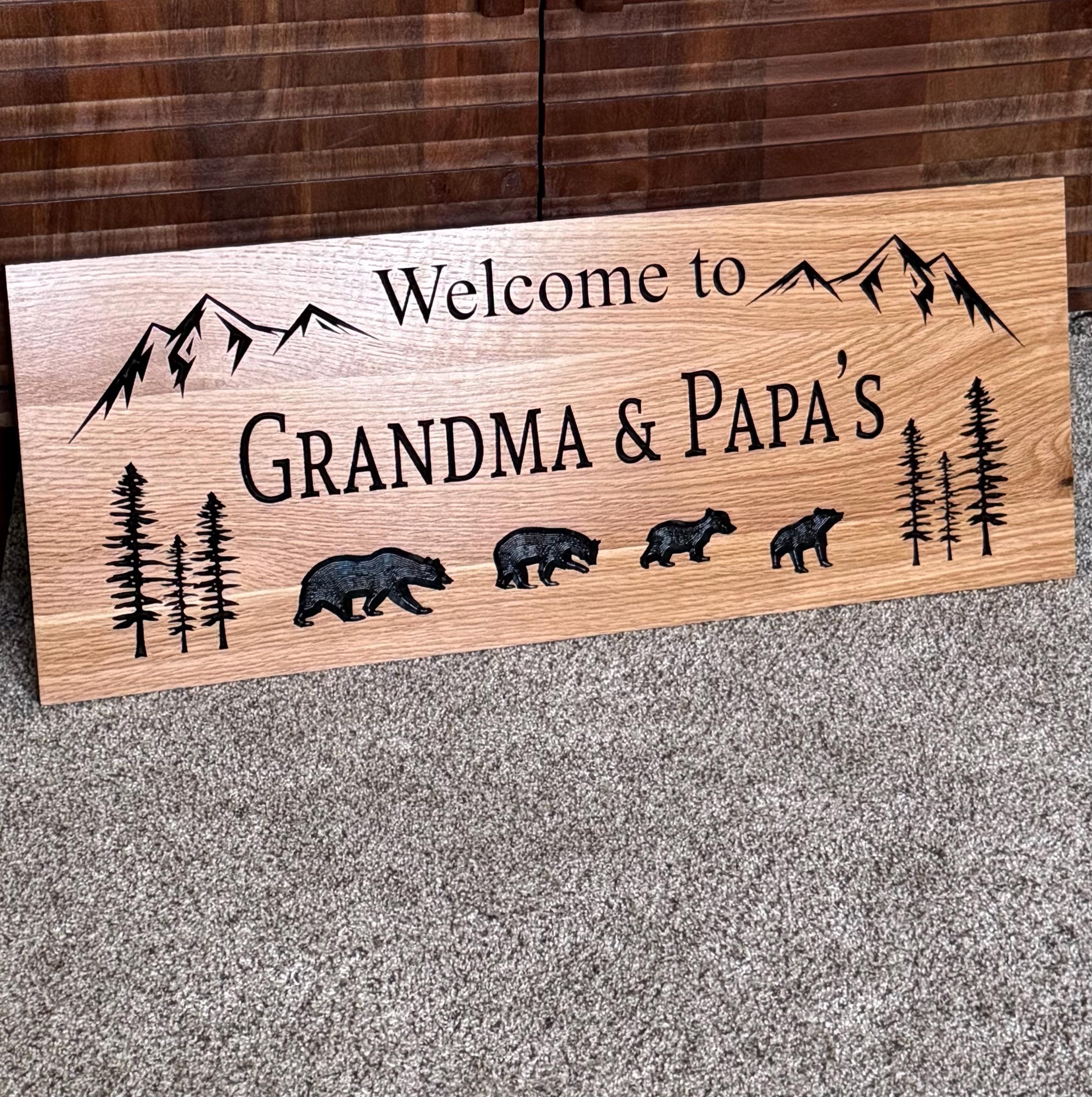 Personalized Wooden Welcome Sign: Carved Bear & Pine Tree Cabin Decor