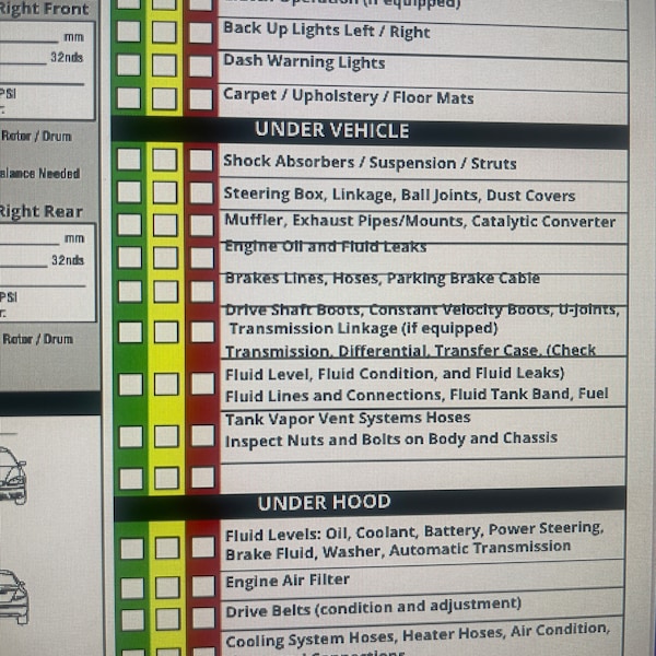 Relatório de inspeção de veículos para impressão em PDF, folha de
