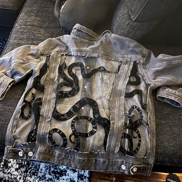 Oversized Custom Denim Black Jean Snake Jacket With Sheer Oversized Custom Denim Black Jean Snake Jacket With Sheer