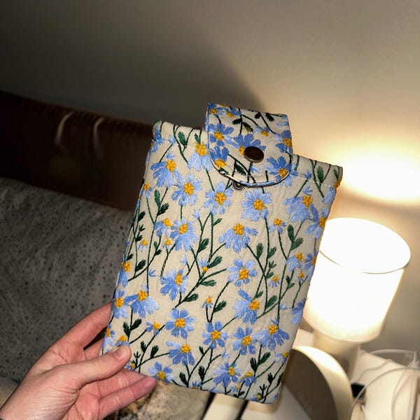 Blue Beige Daisy Embroidered Book Sleeve, Kindle Sleeve, Ereader Cover ...