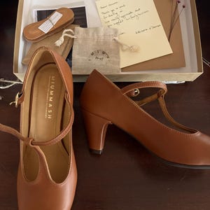 Retro Style Cognac Brown Pumps, Genuine Leather, Mary Jane