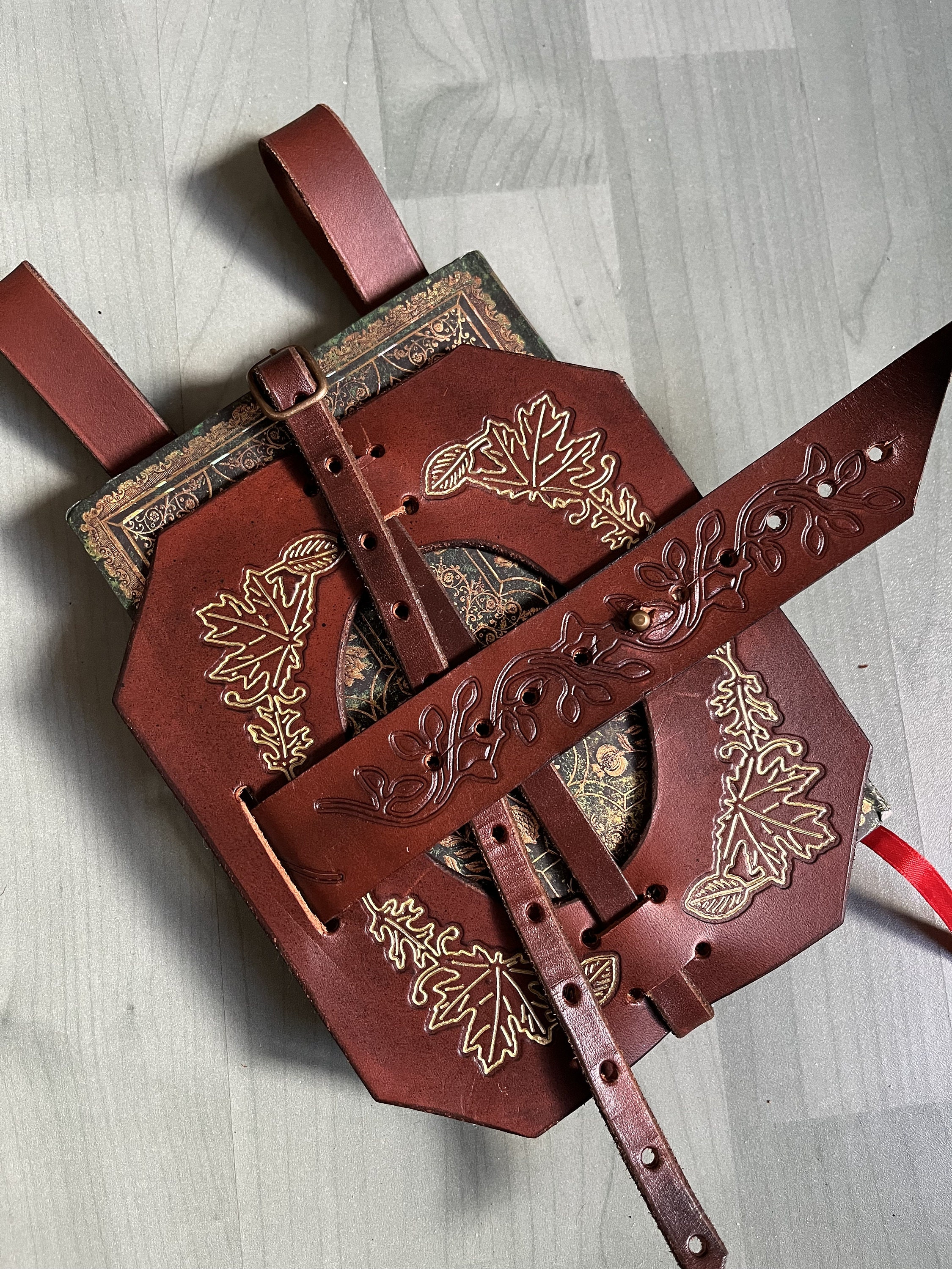 Book Holder - larp leather book bag -  book lover gift - waist book Holster - Book of shadows - spell book - witchcraft gold brown