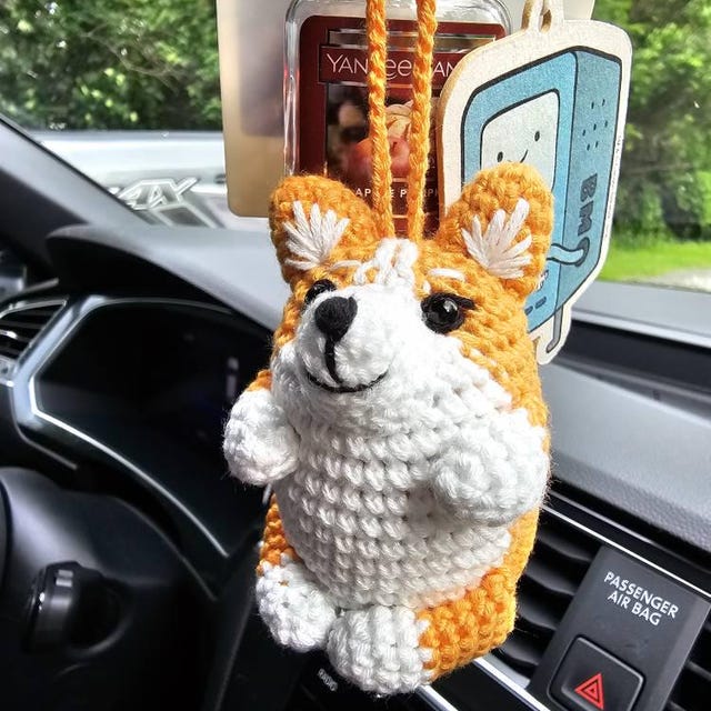 Crochet Corgi Car Accessory Rear View Mirror Hanger, Corgi Gift