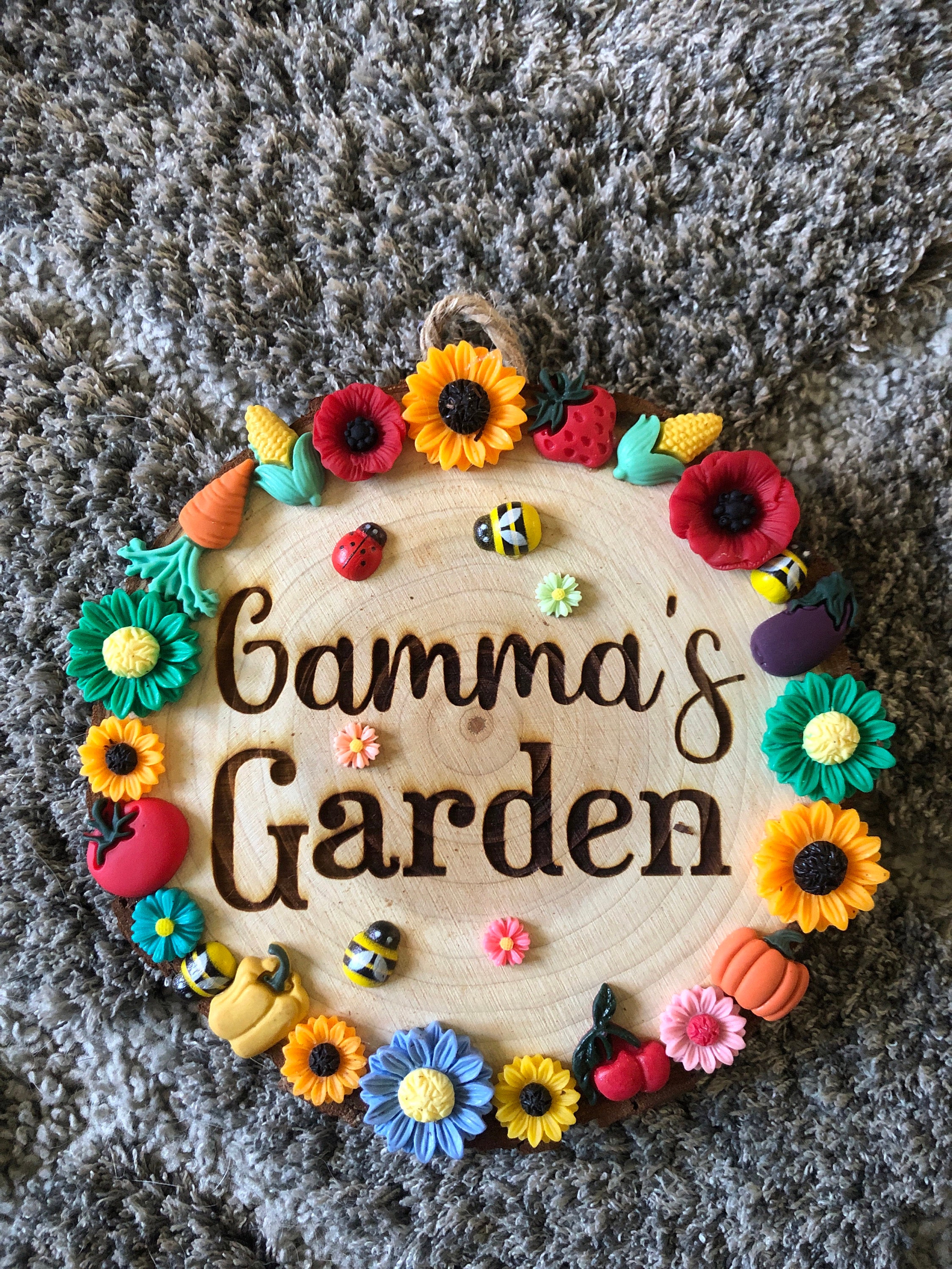 Vegetable Patch Engraved Wooden Log Garden Plaque Sign Personalised Name with Butterfly Sunflowers Daisy's Bees Veg Hung with Twine