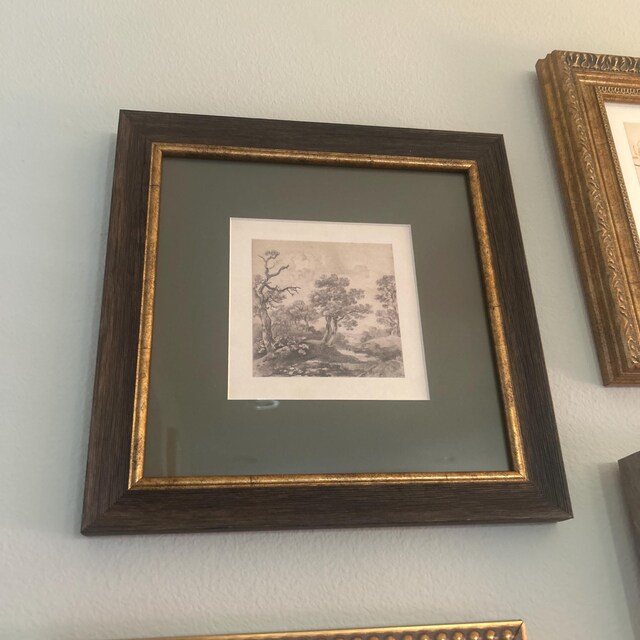 Vintage Framed Tree Print: Forest Landscape Drawing, Gold Frame