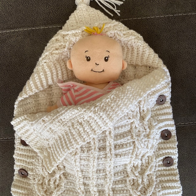 A customer's finished Infinity Baby Cocoon Crochet Pattern