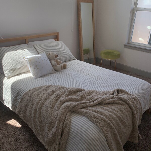 Ticking Stripe Linen Bedding Set in Natural, Graphite, Indigo. Washed ...