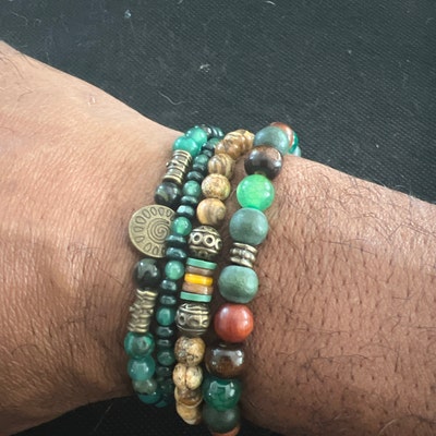 Green Mens Gemstone Wooden Beaded Bracelet Set 3 / Boho Wood - Etsy