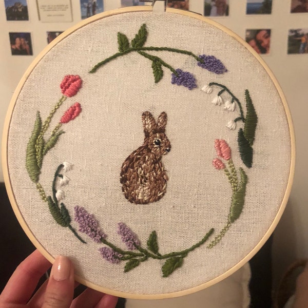 Easter Bunny Hand Embroidery Pattern - Floral Wreath Bunny Embroidery ...