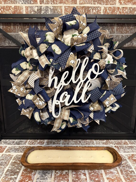 Customer photo of Navy Blue & White Pumpkin Fall Wreath - Farmhouse Hello Fall Decor