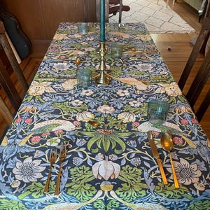 Rustic Linen Tablecloth, William Morris, Strawberry Thief, Vintage