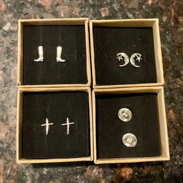 925 Sterling Silver Moon & Star Asymmetric Stud Earrings – Handmade – No Stone – A3