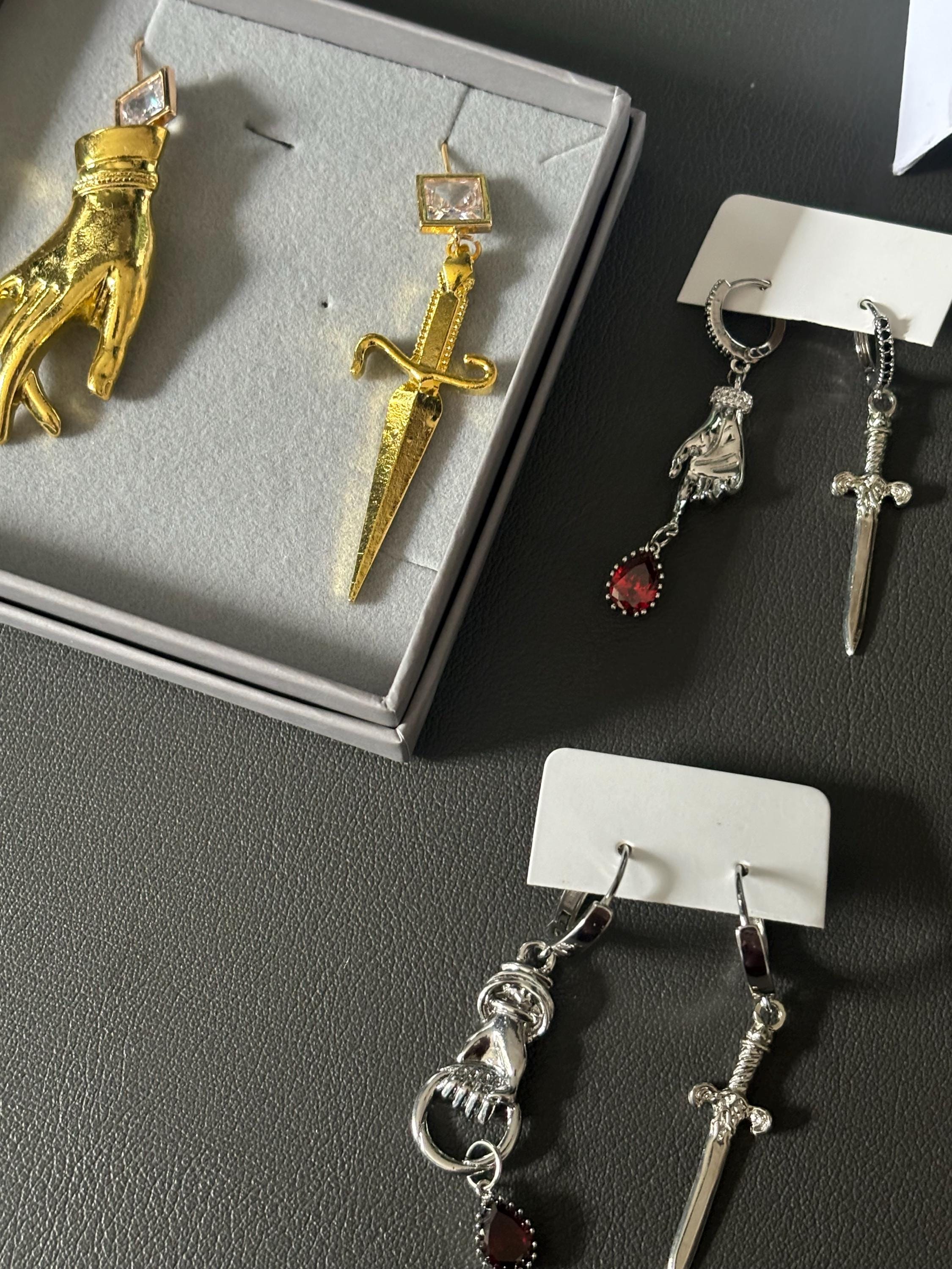 LADY MACBETH Gold / Silver / Black Sword, Hand and Blooddrop Earrings / Hoops