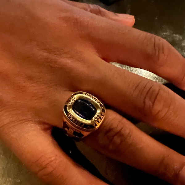 Sterling Silver Blue Stone College Ring with Gold Plating finish