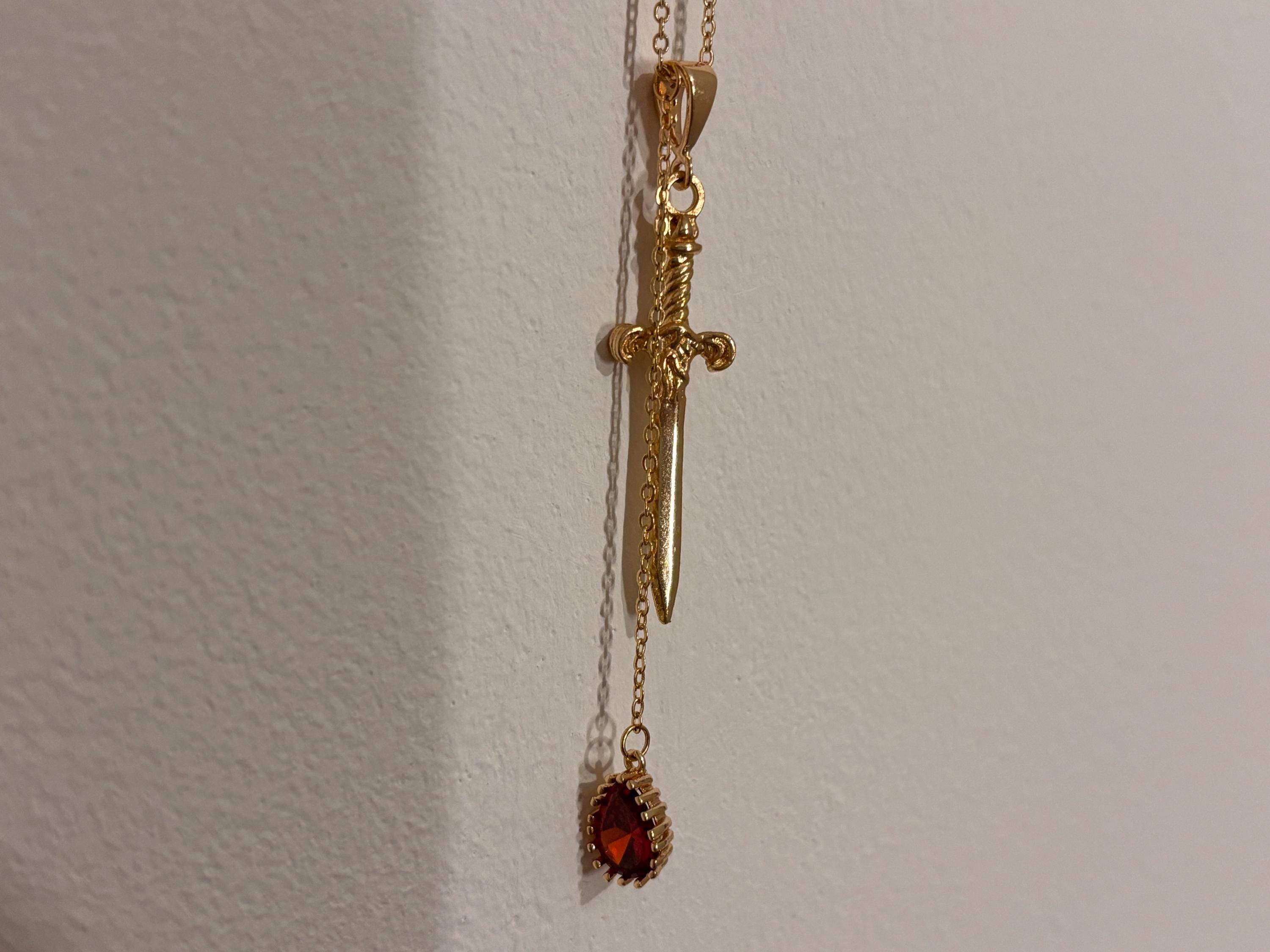 Sword and Blood Drop Necklace / Gold or Silver, Black Deep Red Teardrop Necklace