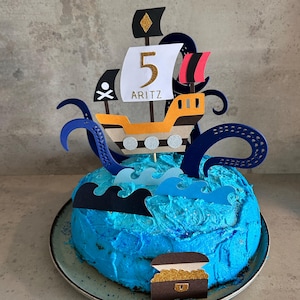 Blue Glitter Pirate Ship Cake Topper - Gold Viking Theme, 6.1x4.8 Inches, Birthday Party Decor
