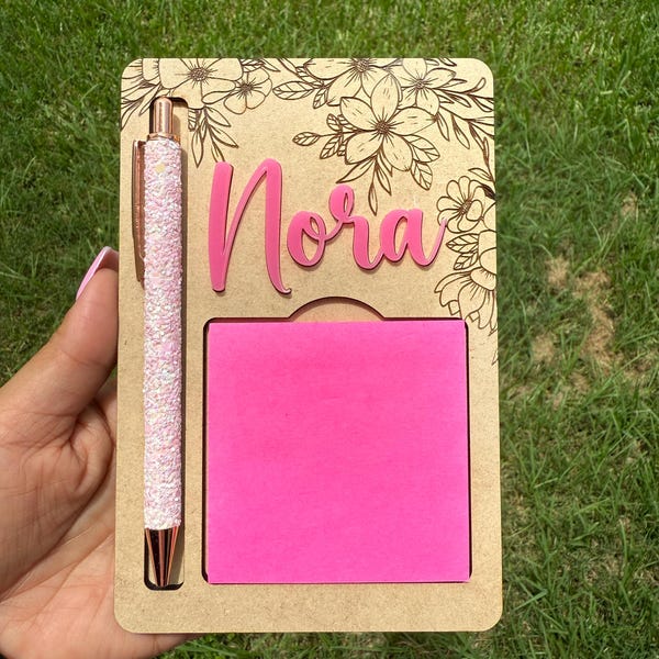 Personalized Floral Sticky Note Pad Holder & Pen Set Laser Cut File ...