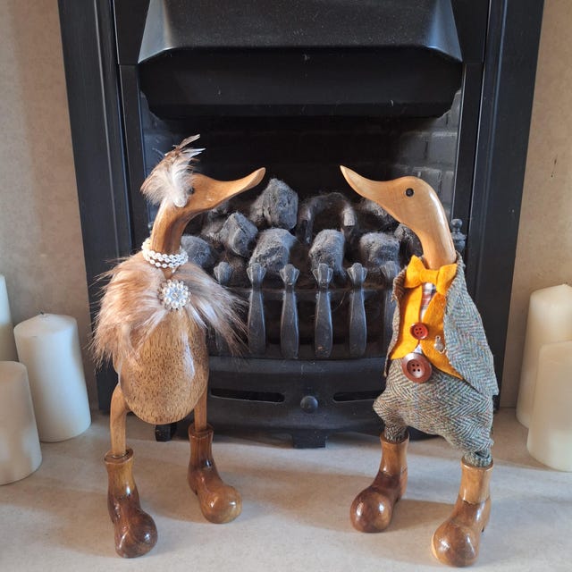 Country Pair. Beautiful Pair of Wooden Ducks, Using Tweed and Faux