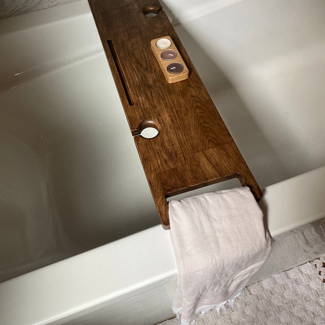 Oak Bath Caddy, Bath Tray With Wine Glass, Towel and Phone Holders, Wood  Bath Decor 