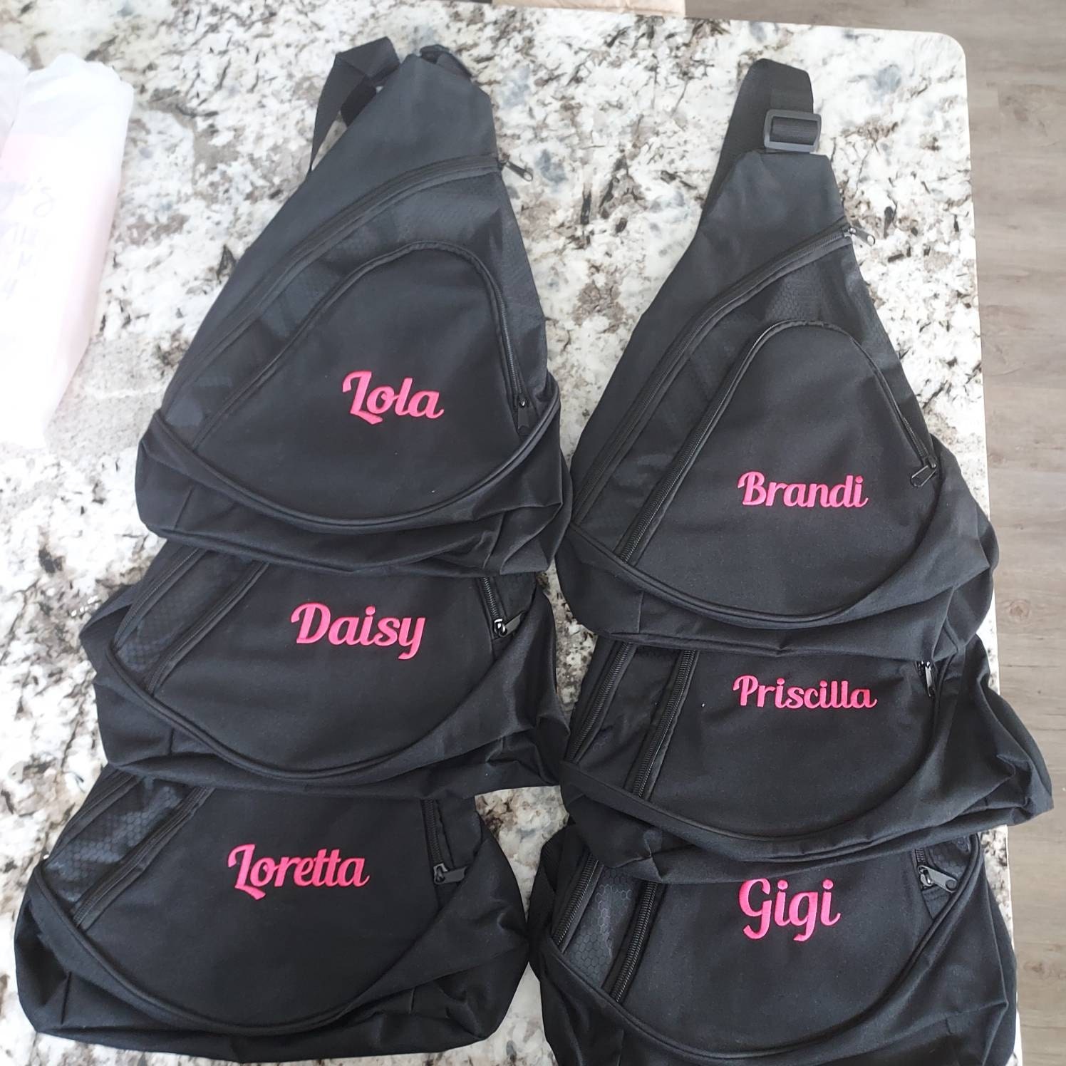 sling bag personalized, sports travel, great for youth, school group, monogramed, embroidered and personalized with with name/date, bulk