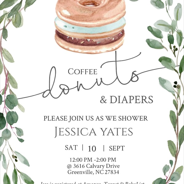 Donuts Baby Shower Bundle Printable Boy Donuts &amp; Diapers Greenery Baby ...