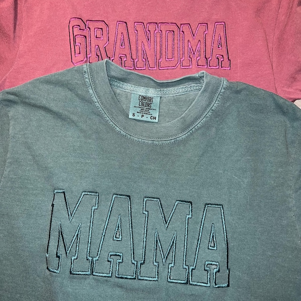 Embroidered Comfort Colors Tee - MAMA - Outline - White Thread