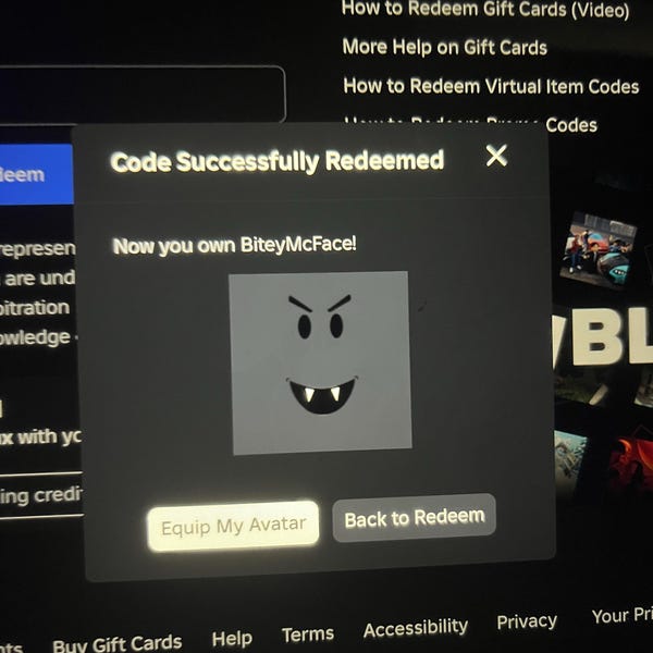 Roblox DLC Biteymcface Limited Edition DIGITAL Code Worldwide Bitey Iap F0lpd3gy 