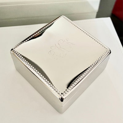 Custom Engraved Personalized Silver Square Jewelry Box With Beaded Trim ...