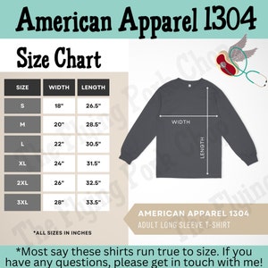 American Apparel 1304 Size Chart, Sizing Guide for Adult Long Sleeve Tee,  JPG Design Template, T Shirt Mockup Gallery Photo 