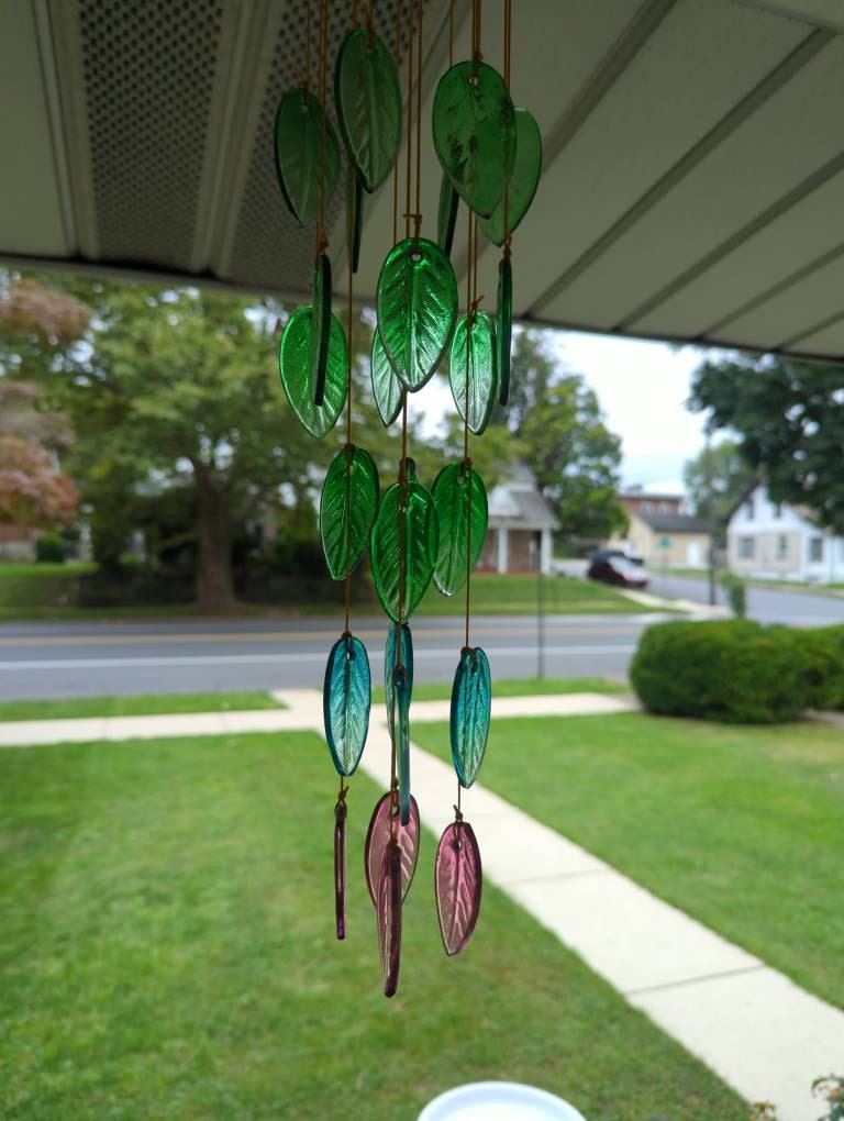 Rainbow colored Glass Leaves Wind Chime, Free Shipping.  Personalized Card on Request. Gift for  Mother. Father, Mom or Friend. Upcycle Art.