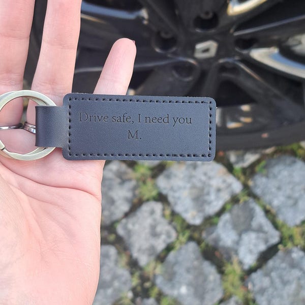 Custom Leather Key Chain, Personalised Text Leather Keyring, Ride Safe ...