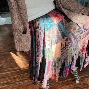 Modern colorful boho patchwork ruffled jersey skirt Dreamcatcher