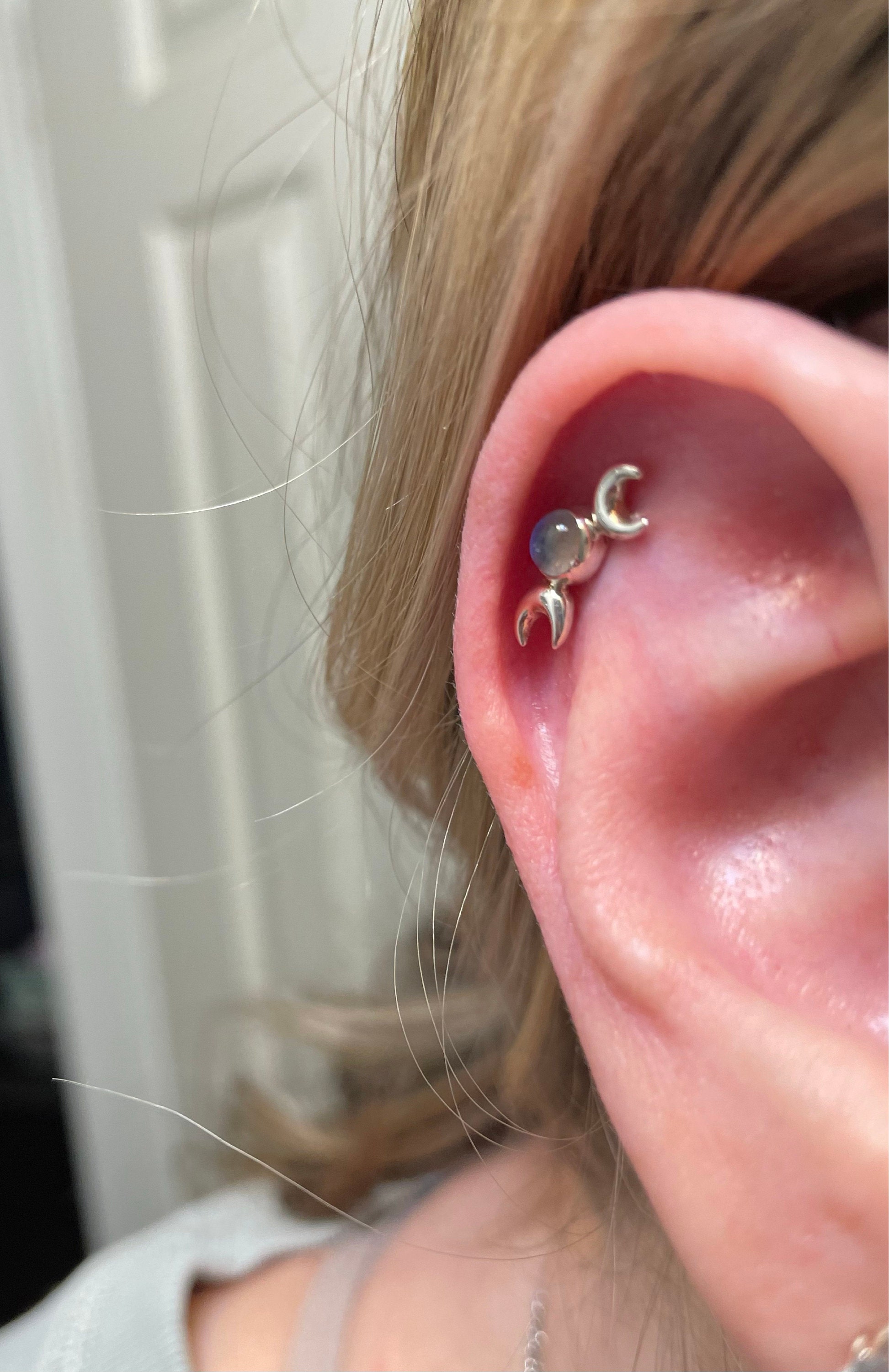 Hecate Symbol Earring • Goddess of Witchcraft and Magic Jewelry • Twin Moons Helix Earring  • Moonstone Cartilage Silver Piercing - CRT004