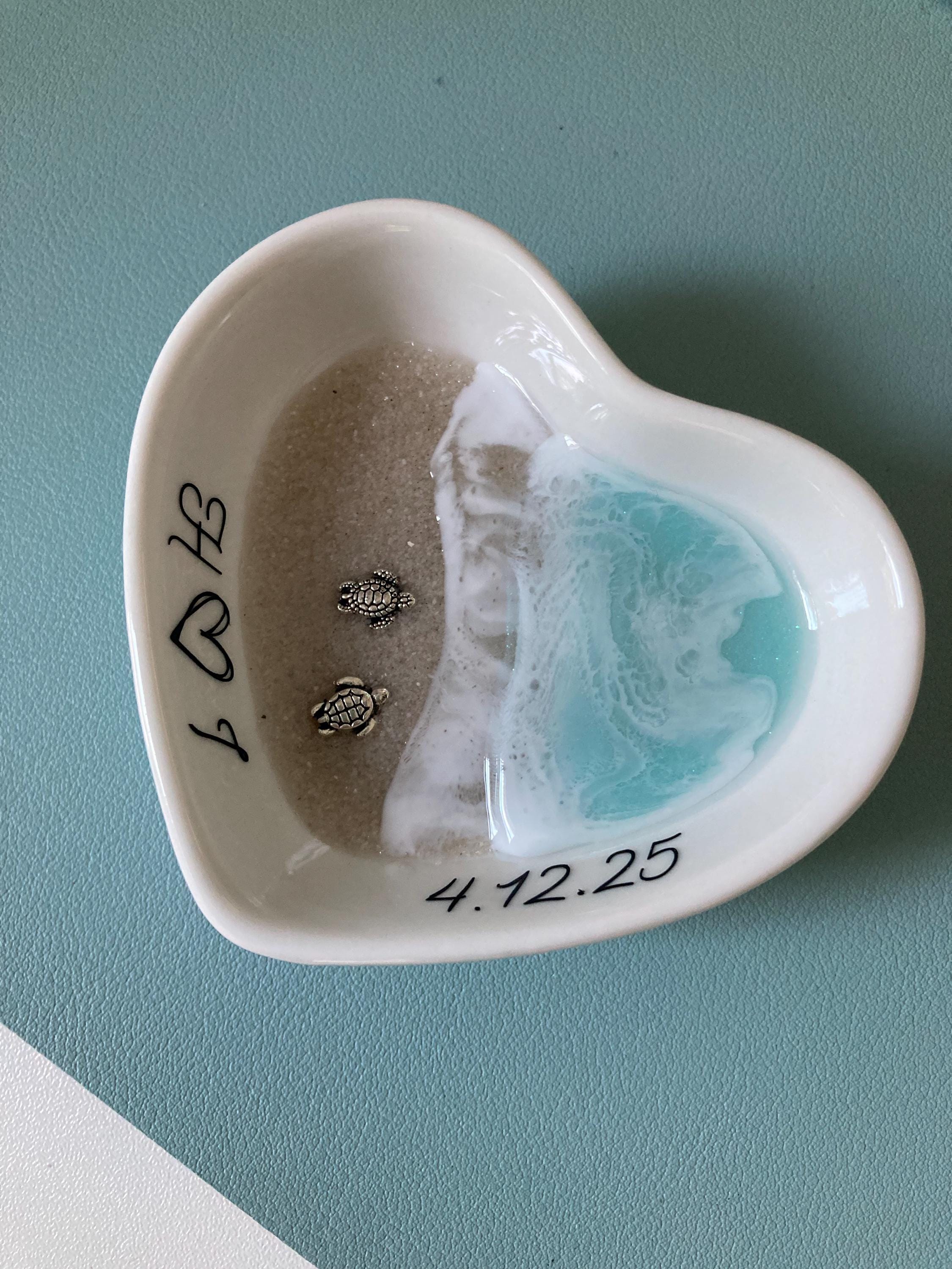Personalized Turtle Ring Dish Custom Wedding Gift Engagement Engaged Fiancé Wife Custom Ocean Decor Beach Ceramic Heart Woman Anniversary
