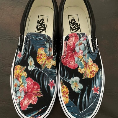 Tropical Floral Pattern on Black Vans Slip on Shoes - Etsy