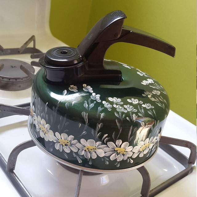 White Tea Kettle Whistling Enamel on Steel Hand Painted Etsy