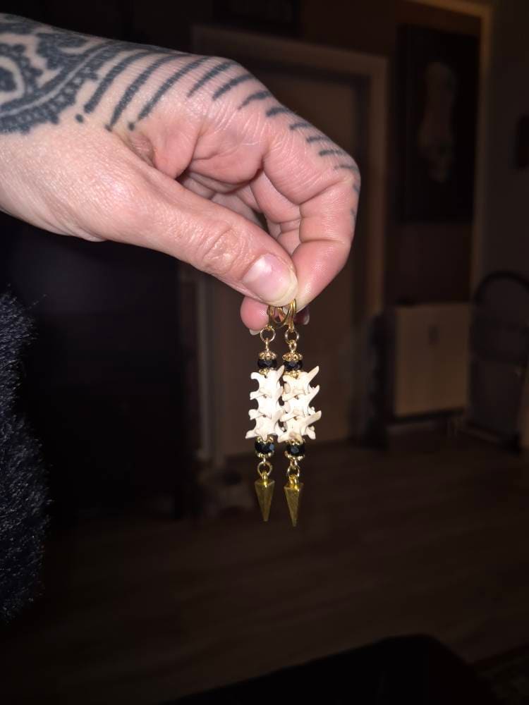 Exquisite Victorian-Era Inspired Coiled Rattlesnake Vertebrae Dangling, Earrings with Intricate Metalwork and Antique Brass Finish