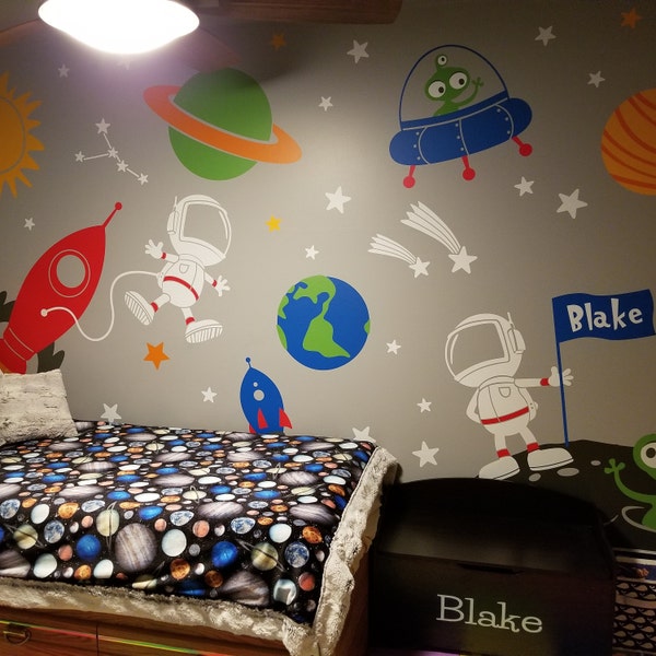 Space Wall Decal Planets Astronaut Boy Star Children Rocket Ship Alien ...