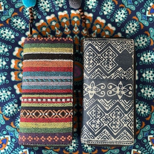 Handcrafted Boho Wallet With Hmong Tribal Embroidered Pom Pom Zip Pull ...