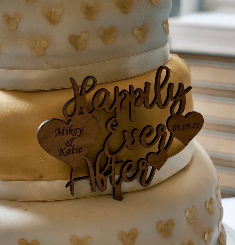 🎁BUY 2 FREE SHIPPING🎁 Wooden Wedding Cake Topper, Personalized Happily Ever After Wedding Cake Topper, Rustic Cake Decoration, Wood Anniversary Cake Topper