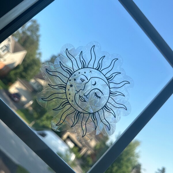 Celestial Sun and Moon Suncatcher Sticker | Rainbow Window Decal | Boho ...
