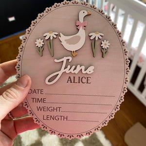 Baby Announcement Sign, Custom Birth Stats Sig, Coquette Goose Hospital Name Sign, Nursery Decor, Floral Baby Wooden Sign, Baby Shower Decor