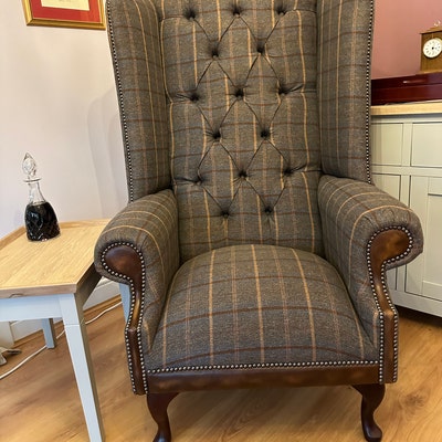 British Handmade Dark Grey Wool & Vintage Tan Leather Chesterfield ...