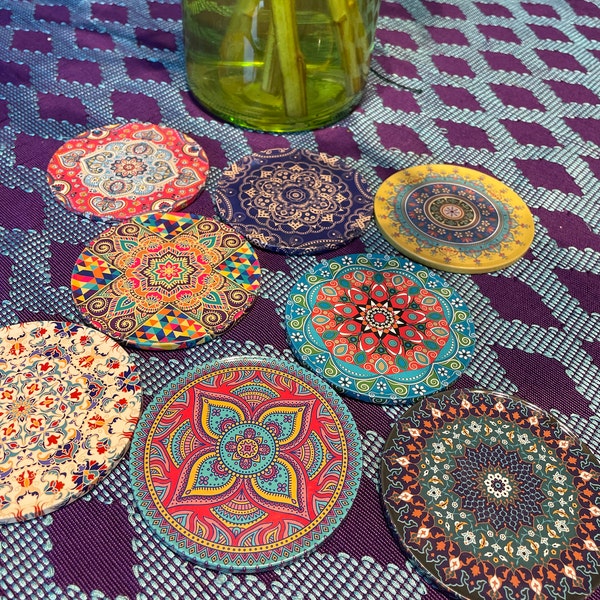 6er-Set Untersetzer (Coaster) – Türkisches/Persisches Mandala-Design, Aus Metall & Kork