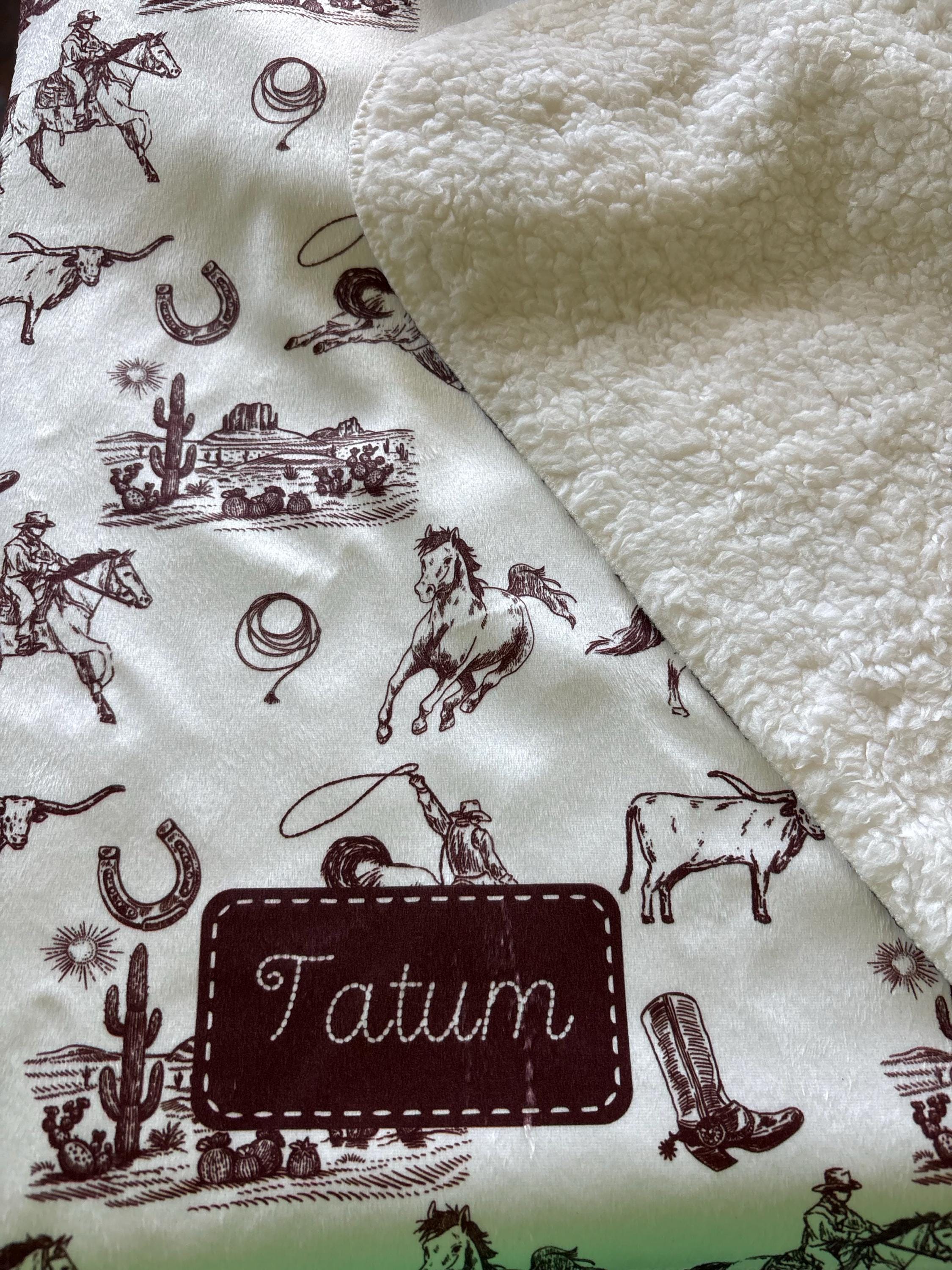 Western Blanket with Name Personalized Ranch Sherpa Throw Vintage Fuzzy Blanket For Children Neutral Gender Cowboy Cowgirl Baby Blanket