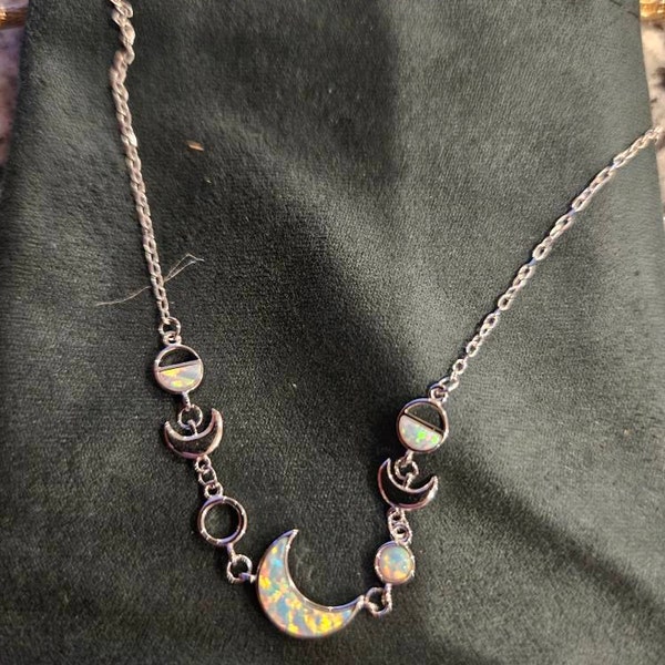 White Opal Moon Phases Necklace, Fire Opal Crescent Moon Sterling ...