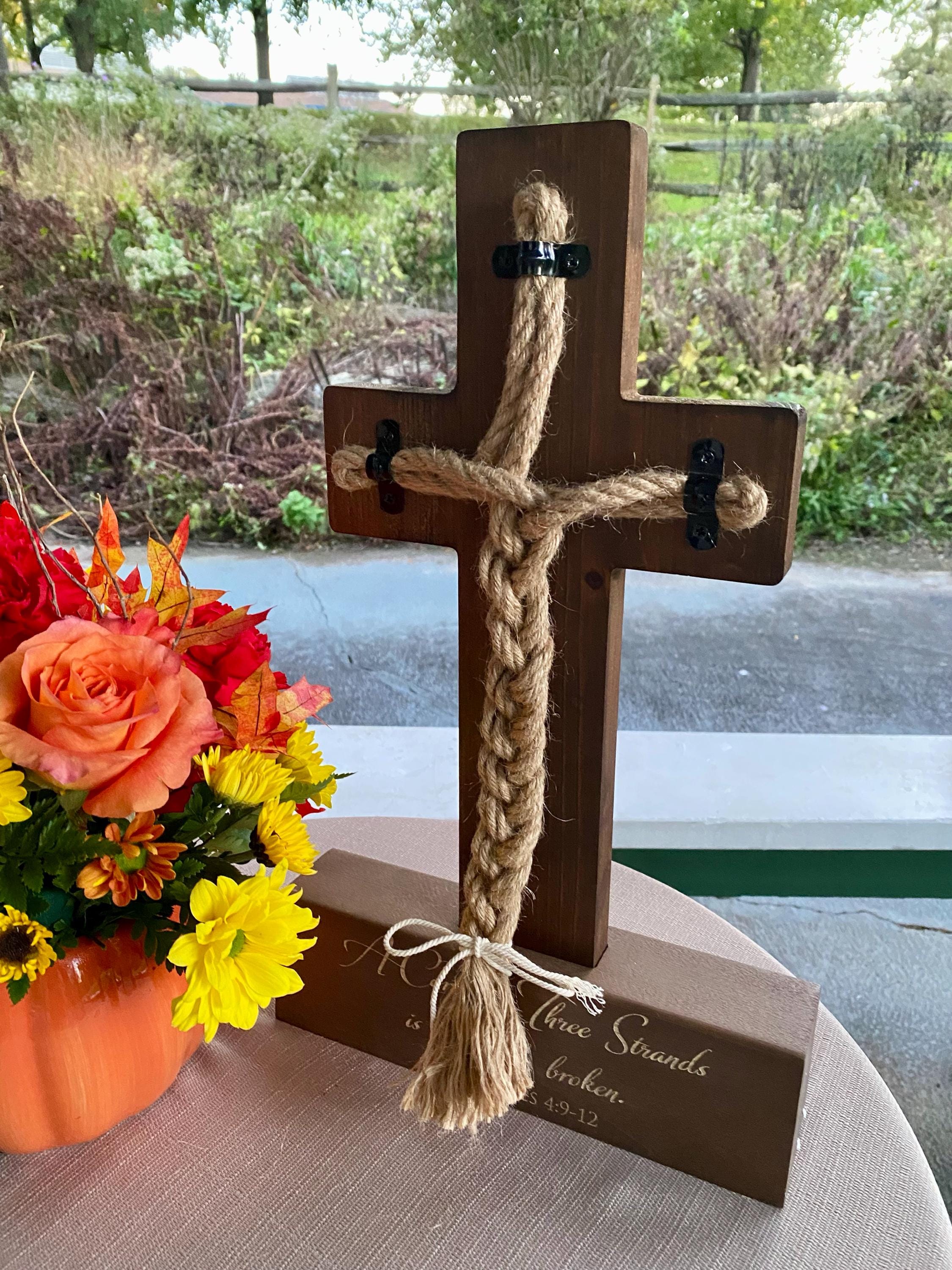 Wedding Cord of Three Strands Ceremony Cross; Natural Wood & Rope Unity Ceremony Candle Alternative