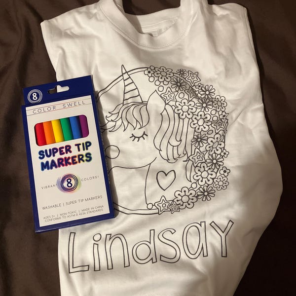Personalised Unicorn Colouring T-shirt - ANY NAME - Washable Colour Me ...