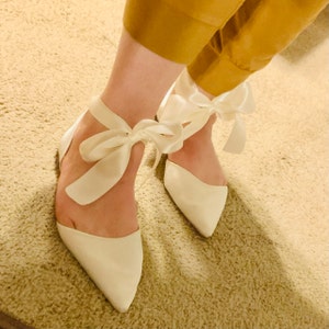 Ivory Satin Pointy Toe Flats With Satin ANKLE TIE or BALLERINA Lace Up ...