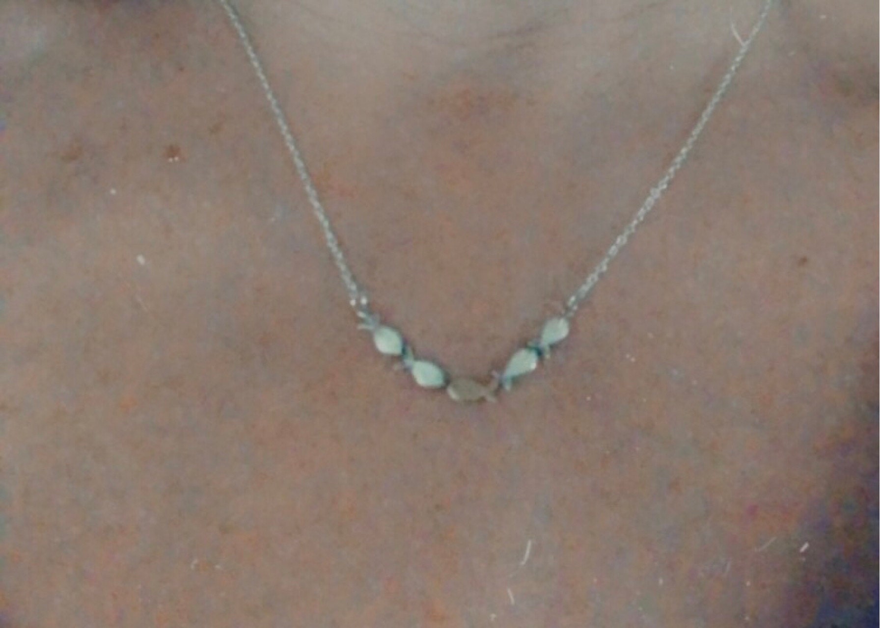 Swimming against the current. Dainty silver necklace. School of fish with one golden enameled fish swimming upstream. Gift for her.